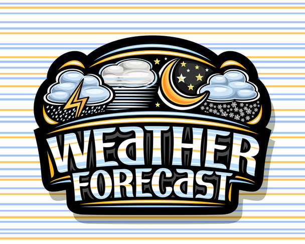天気予報のためのベクトルロゴ、コラージュのイラストと黒の装飾ラベルは、縞模様の背景に単語天気予報のためのユニークなブラシのレタリングと多様な天気、孤立したタグを設定します。 - ベクター画像