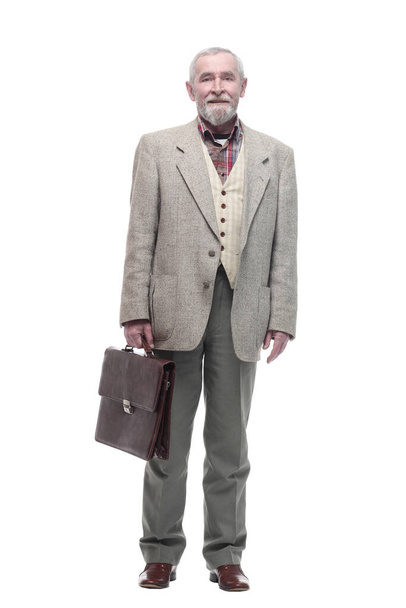 in full growth. elderly businessman with a leather briefcase . - Foto, afbeelding