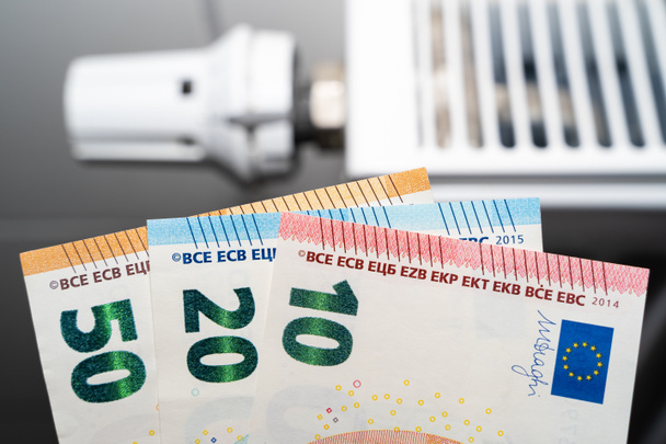 Банк Євро з білим радіатором на задньому плані. - Фото, зображення