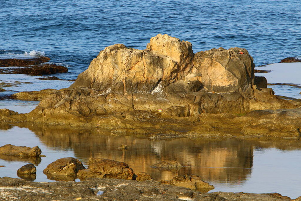 Magas sziklák és kövek a Földközi-tenger partján, Izrael állam északi részén.  - Fotó, kép