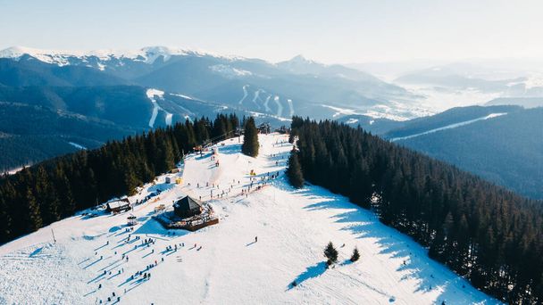 aerial view of ski resort with slopes copy space - 写真・画像