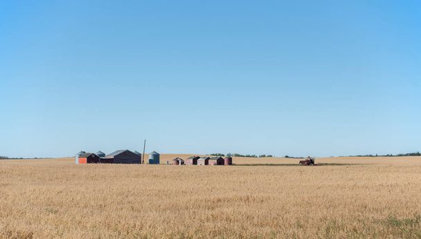Graneros, silos, edificios agrícolas y un tractor abandonado en medio de un campo de avena a finales de verano en las praderas de Saskatchewan, Canadá. - Foto, Imagen