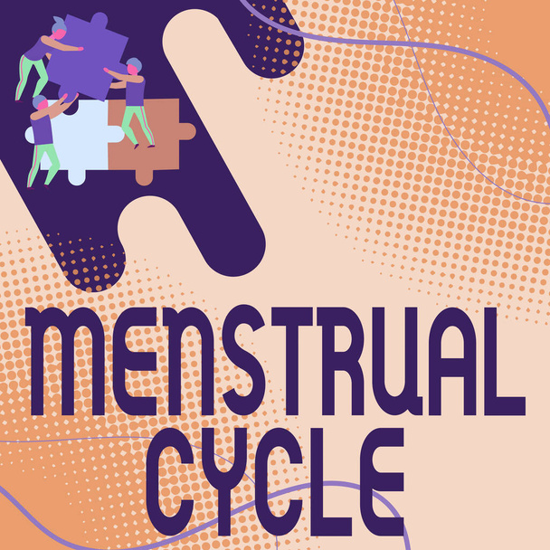 手書きテキスト｜Menstrual Cycle.卵巣と子宮の裏地チームの変化の毎月のサイクルのための言葉は、問題を解決するためにお互いを助けるジグソーピースを保持. - 写真・画像