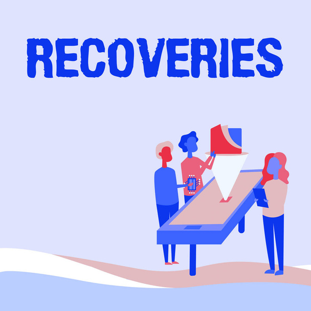 Sign displaying Recoveries. Concept meaning process of regaining possession or control of something lost Colleagues Drawing Standing Beside Table Projection Graph Chart. - Photo, Image