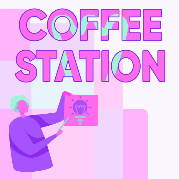Text sign showing Coffee Station. Business idea a small, informal restaurant that typically serves hot drinks Man Standing Holding Paper With Glowing Light Bulb While Pointing Stick. - Photo, Image