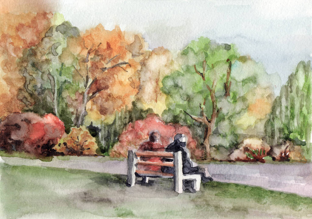 Ilustrace akvarel krajiny. Podzimní park s člověkem na přírodním pozadí. Krásný obrázek pro dekoraci a design. - Fotografie, Obrázek