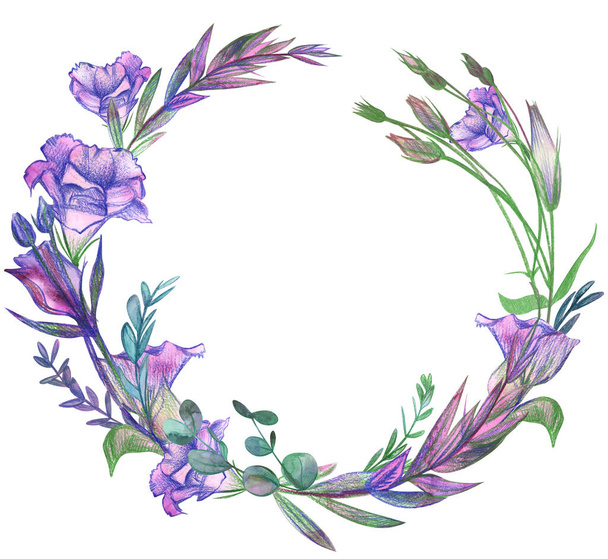watercolor round frame with flowers and twigs of lilac eustoma and eucalyptus - Foto, Bild