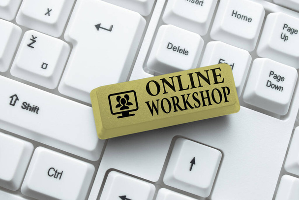 Jelzés megjelenítése Online Workshop. Internet Concept bemutatja az áruk és áruk az elektronikus weboldalak Kapcsolódás az online barátok, ismerkedés az interneten - Fotó, kép