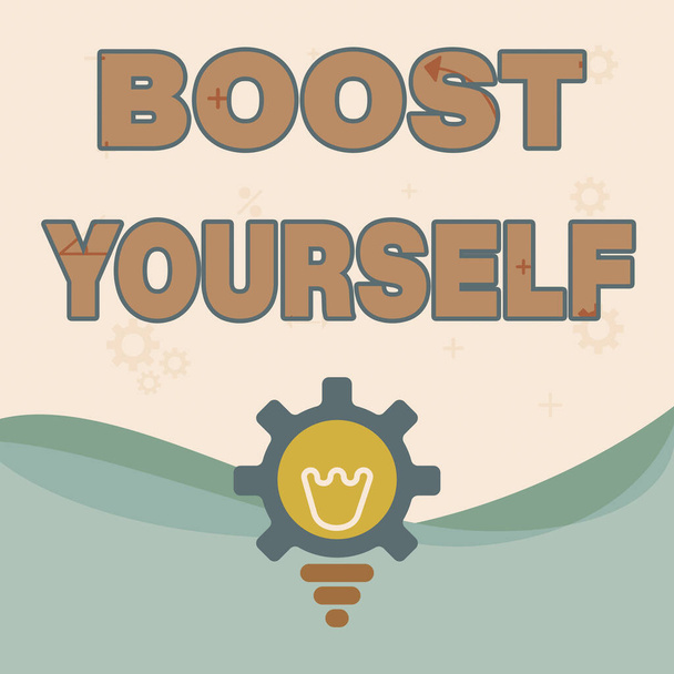 Bildunterschrift: Boost Yourself. Word for Delivery a lift up to someone making them energetic again Illuminated Glühbirne with Gear Shell Zeigt Technologie-Ideen. - Foto, Bild