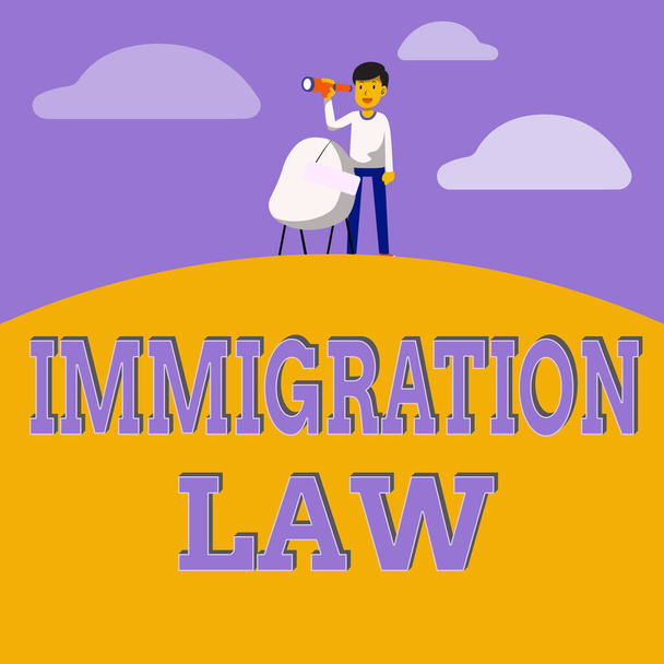 Szöveges jel, ami a bevándorlási törvényt mutatja. Üzleti ötlet Egy állampolgár kivándorlása jogszerű az utazás során Férfi távcső Illusztráció Állandó szék Jelkeresési lehetőségekkel. - Fotó, kép