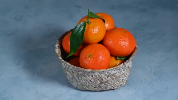 tazón de mandarinas frescas sobre fondo azul - Metraje, vídeo