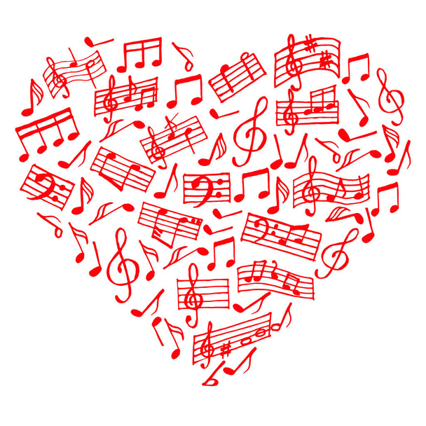 Музыкальное сердце, музыкальные ноты, тройной клюв и посохи. Печать. Красный дизайн на белом фоне для открытки, бумаги, обложки, печати - Вектор,изображение