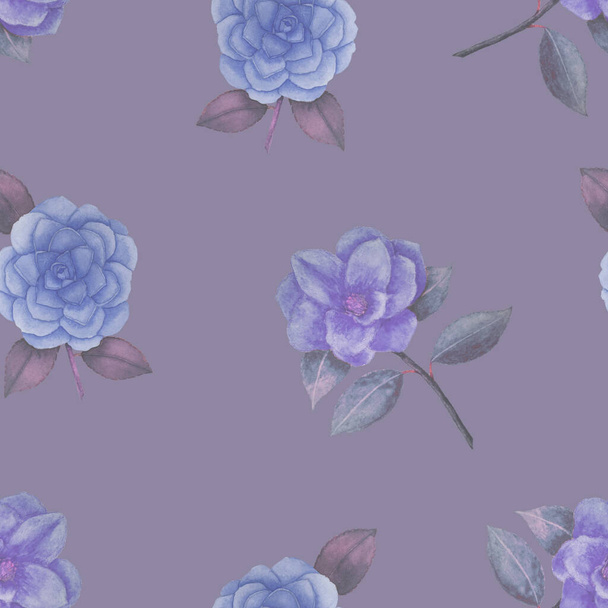 Seamless pattern of blue camellias on a blue background - Photo, Image