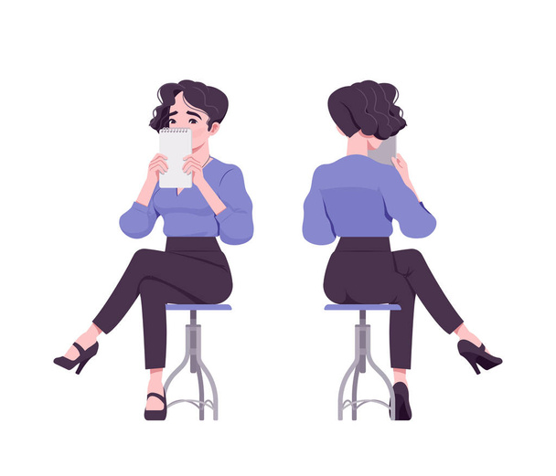 Office tyttö, moderni nainen istuu, peittää kasvot muistikirja - Vektori, kuva