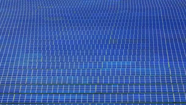 Placas solares azules filas. Fuente de energía alternativa. Parque de paneles solares vista superior - Imágenes, Vídeo
