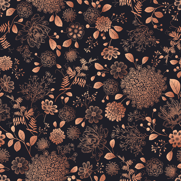 Vintage seamless pattern. Floral black and gold background. Flowers, herbs and leaves. Handmade graphics. Victorian style. Textiles, paper, wallpaper decoration. Ornamental cover. Vector. - Vektor, Bild