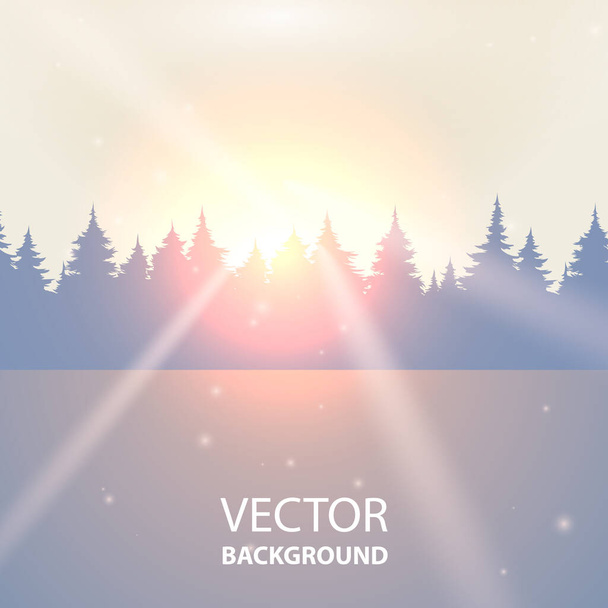 Sunny background with forest. Sunbeams on the background of the winter forest. Festive background for Christmas. - Вектор,изображение