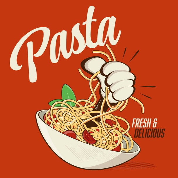 lustige Vektorillustration italienischer Pasta mit Cartoon-Hand, die herauskommt - Vektor, Bild
