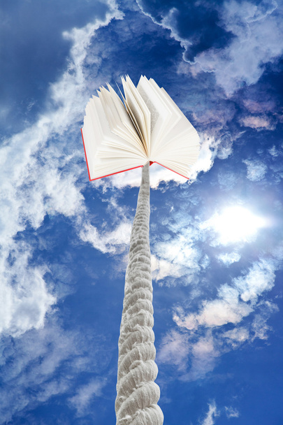 book tied on rope soars into dark sky - Photo, Image