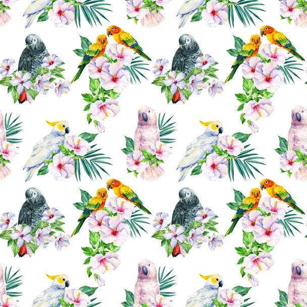 Watercolor tropical seamless pattern with parrots and hibiscus flowers. birds and jungle palm leaves. Floral design - Photo, Image