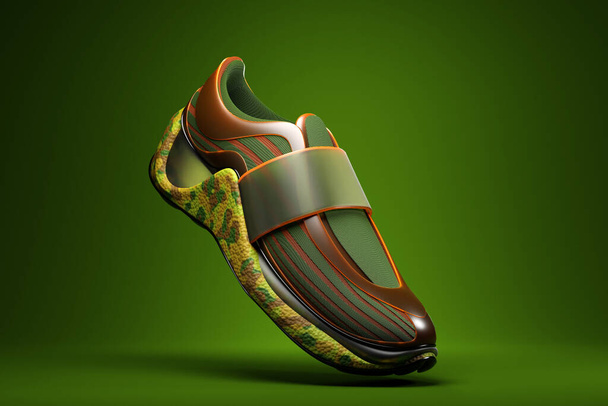 Tênis esportivos realistas com inserções vermelhas e verdes e cores cáqui para treinamento e fitness em um fundo verde, tênis de moda, ilustração 3D - Foto, Imagem