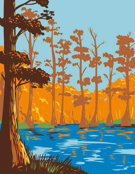 WPA-Plakatkunst des Cane Creek State Park mit Bayou Bartholomew am Nordufer des Cane Creek Lake in Lincoln County, Arkansas, Vereinigte Staaten von Amerika USA im Stil der Werksverwaltung - Vektor, Bild
