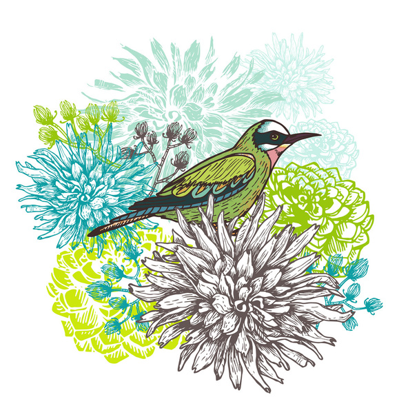 εικονογράφηση φορέας ένα μικρό πουλί και ανθισμένα λουλούδια Ντάλια - Διάνυσμα, εικόνα