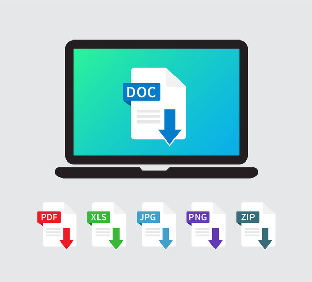 Download Doc file on laptop screen. Document, symbol web format information. File type isolated on gray background. Vector illustration - Vector, Image