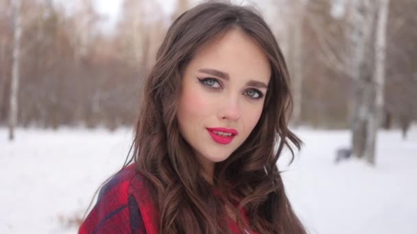 Femme aux lèvres rouges dans la forêt hivernale - Séquence, vidéo