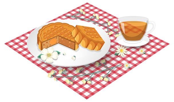 Lotus mooncake with teacup set on tablecloth illustration - Вектор,изображение