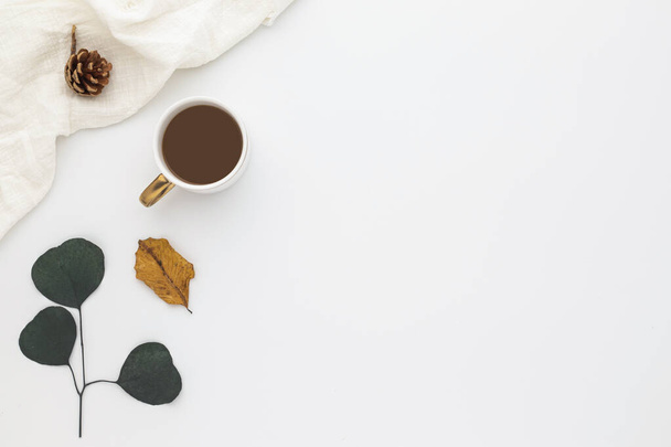 Composición de otoño, taza de café. hojas secas. y conos de pino sobre fondo blanco. Colocación plana, vista superior con espacio para copiar - Foto, imagen