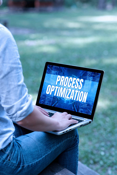 Sign displaying Process Optimization. Business concept Improve Organizations Efficiency Maximize Throughput Woman Typing On Laptop Sitting Outside Side View Working From Home. - Photo, Image