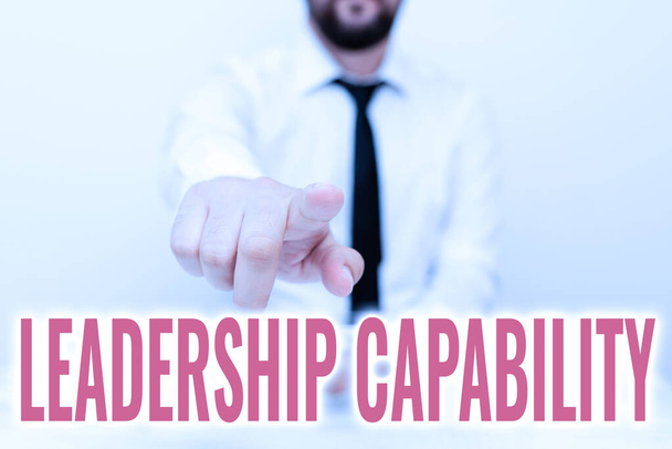 Writing displaying text Leadership Capability. Concept meaning what a Leader can build Capacity to Lead Effectively Presenting Communication Technology Smartphone Voice And Video Calling - Фото, зображення
