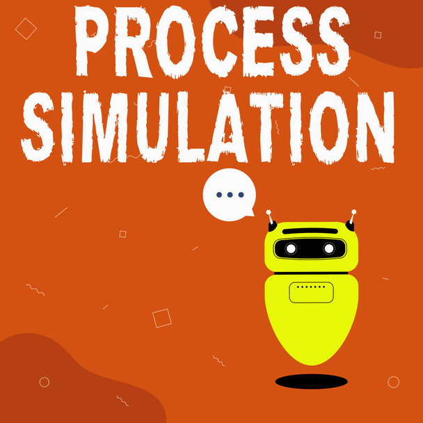 プロセスシミュレーションを示すインスピレーション。技術的表現を意味する概念チャットクラウドにおけるかわいい浮遊ロボットの情報を伝えるシステムイラストの研究. - 写真・画像