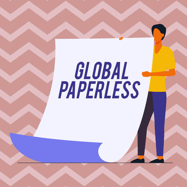 Teksti näyttää inspiraatiota Global Paperless. Business yleiskatsaus menee teknologian menetelmiä, kuten sähköpostia paperin sijasta Man Standing Holding Suuri tyhjä paperi Näytetään uusi merkitys ja viesti. - Valokuva, kuva