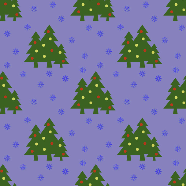 Бесшовный шаблон. Изображение зеленых елок с шарами и снежинками на пастельно-голубом фиолетовом фоне. Символ Нового года и Рождества. Шаблон для нанесения на поверхность. 3D изображение. 3d-рендеринг - Фото, изображение