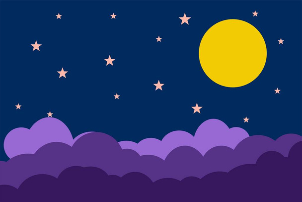Ilustración de estilo plano estrellas de la luna amarillas y nubes azules diseño de fondo. Es bueno usar para banner, plantilla de redes sociales, póster y plantilla de volante, etc.. - Vector, Imagen
