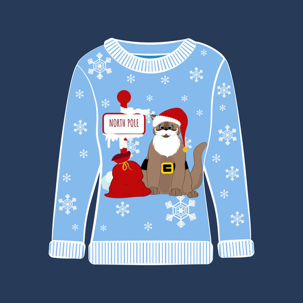 Потворний різдвяний вечірній светр зі смішним котячим принтом. Веселий святковий одяг з милим принтом та прикрасами. Потворний светр Різдвяна вечірка
 - Вектор, зображення