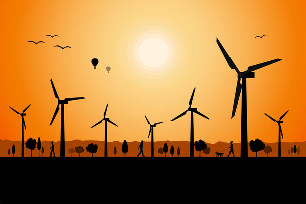 Molinos de viento para producción de energía eléctrica, concepto de energía verde - Vector, imagen