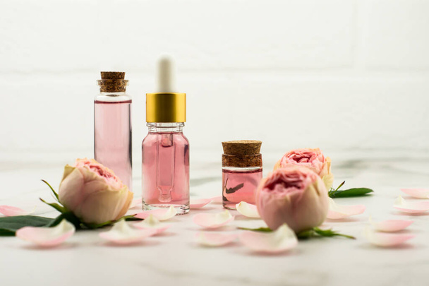 růžový olej a růžová voda ve skleněných lahvích na pozadí bílé cihlové zdi, poupat a okvětních lístků růží. proti stárnutí produktu péče o obličej - Fotografie, Obrázek