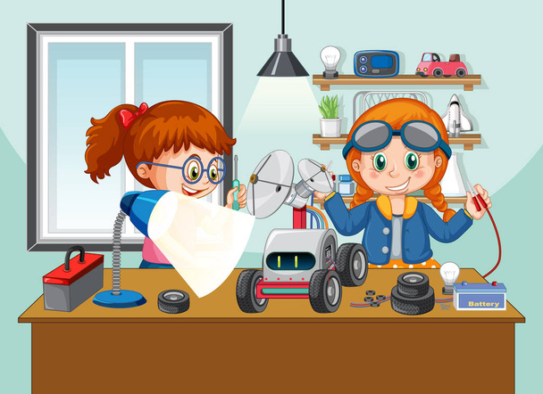 Children fixing a robot together in the room scene illustration - Vettoriali, immagini