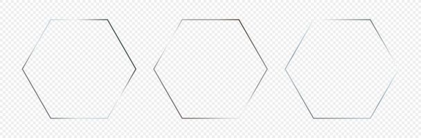 Ensemble de trois cadres hexagonaux argentés brillants isolés sur fond transparent. Cadre brillant avec des effets lumineux. Illustration vectorielle - Vecteur, image