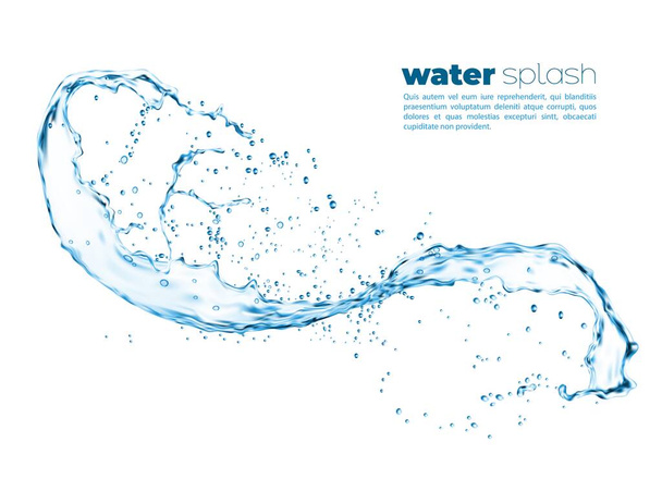 Isolated swirl transparent realistic water splash with drops. Vector liquid wave flow, splashing swirl aqua dynamic motion with spray droplets, fresh drink transparent whirl wave - Vector, Image