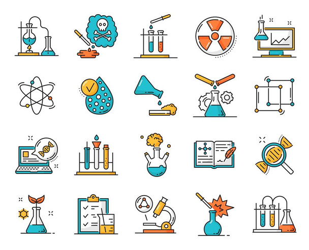 Genetics, medicine and physics, chemistry, biology line icons. Science laboratory test, genetics research outline vector icons with flasks, DNA helix and microscope, chemical reagents, research diary - Vector, Image