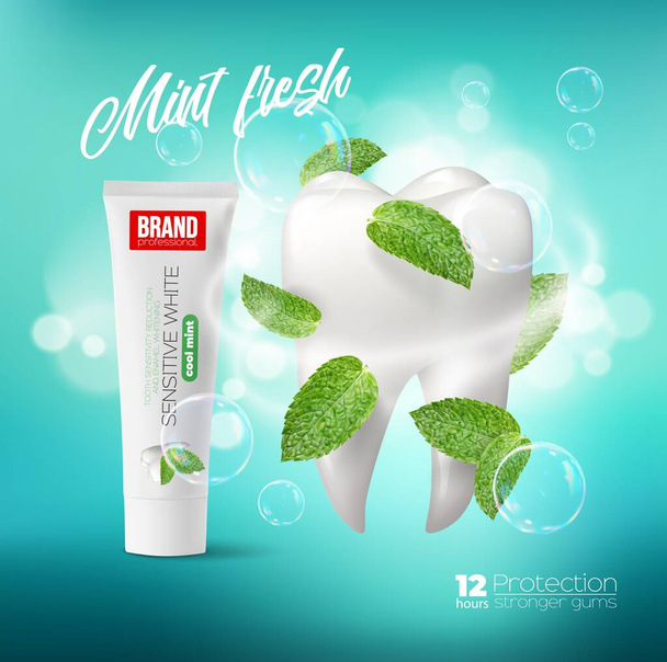 Πράσινα φύλλα δυόσμου στροβιλίζονται και οδοντόκρεμα, αφίσα διαφήμισης φορέα οδοντιατρικής φροντίδας με λευκό υγιές δόντι, δυόσμος και σωλήνας με πάστα. Προϊόν προστασίας και επισκευής δοντιών, ρεαλιστικό 3d promo φόντο - Διάνυσμα, εικόνα