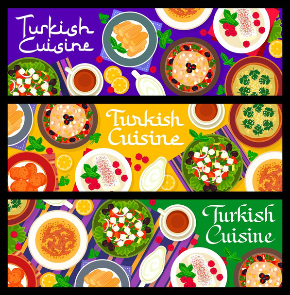 Bannières gastronomiques turques, diner restaurant Turquie et repas de dessert, vecteur. Menu de cuisine turque avec pouding au poulet sucré et salade d'aubergines grillées Istanbul boules de carotte et thé noir - Vecteur, image
