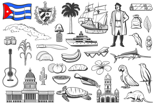 Cuba símbolos nacionales, cocina y naturaleza grabados iconos conjunto. Bandera de Cuba y Escudo de Armas, Capitolio y mapa de la isla, nave Cristóbal Colón, frutas y animales, cortador de cigarros, machete vector - Vector, Imagen