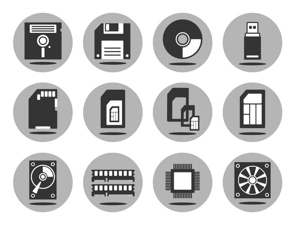 Data carriers and computer components icons set on the gray background. Vector illustration of flat pictogram with shadows. - Vector, Image