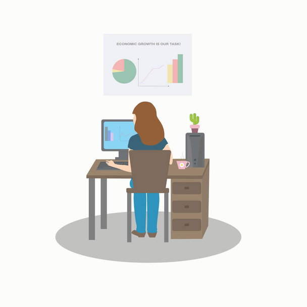 Illusztráció egy közgazdász könyvelő nő a munkahelyen egy számítógépen az irodában - Vektor, kép