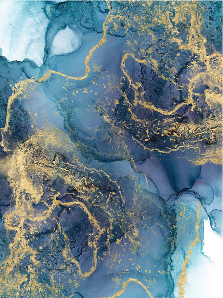 Alcohol ink texture. Abstract hand painted blue and gold background. - Wektor, obraz